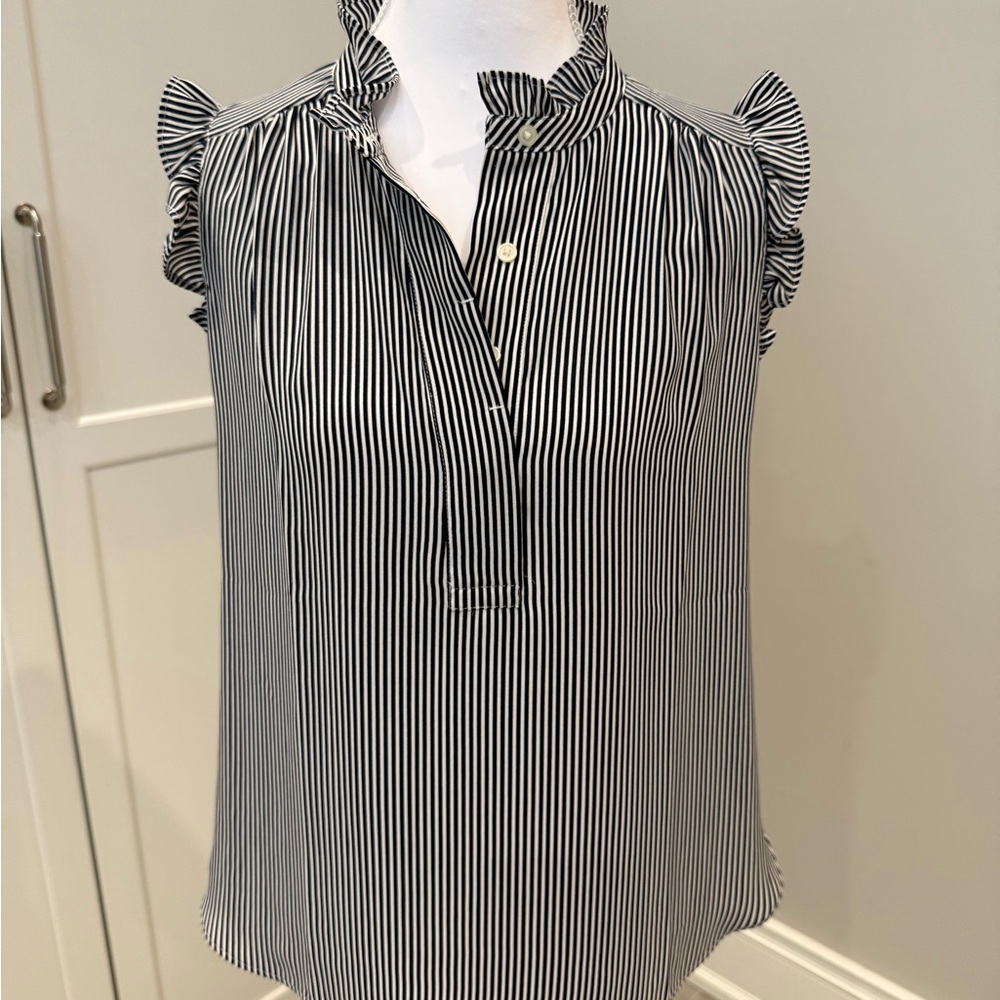 LOFT Monochrome Striped Ruffle Blouse